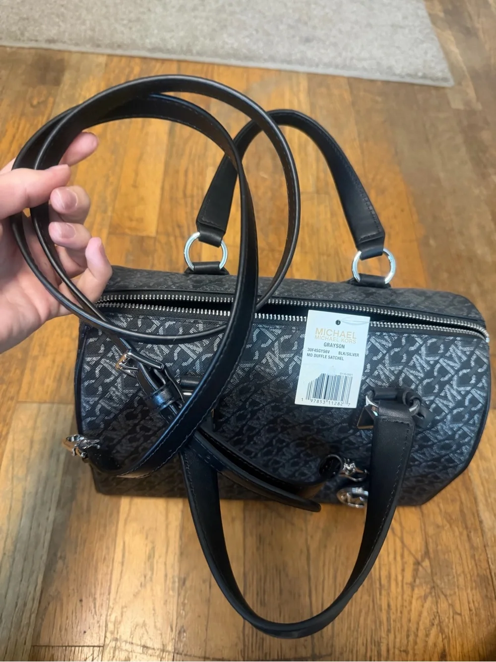 Michael Kors Black and Silver Grayson Medium Duffle Satchel NWT
